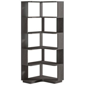 Multifunctional 6 Shelf Corner L-Shaped Bookcase in Dark Grey Wood Finish
