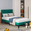 Set of 2 - Twin size Dark Green Upholstered Platform Bed Frame with Headboard