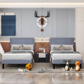 Set of 2 - Twin size Grey Upholstered Platform Bed Frame with Headboard