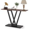 Modern 43-inch Narrow Entryway Table with Brown Wood Top and Black Metal Frame