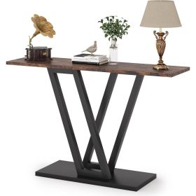 Modern 43-inch Narrow Entryway Table with Brown Wood Top and Black Metal Frame