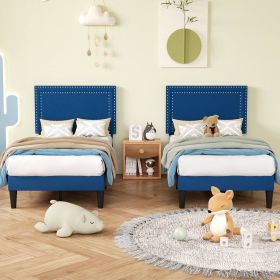 Set of 2 - Twin Dark Blue Upholstered Platform Bed with Nailhead Trim Headboard