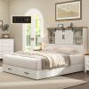 Full White Farmhouse Platform Bed with Bookcase Headboard and Storage Drawers