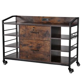 2 Drawers Metal File Cabinet with 6 Open Shelves and Power Strip Brown