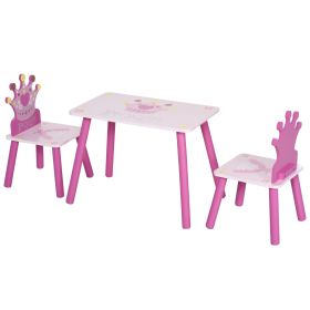 Qaba Kids Wood Table and Chair, 3-Piece Set with Crown Pattern, Charming Desk for Toddlers 3-8 Years, Princess-Themed Room, Pink