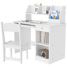 Qaba Kids Desk and Chair Set for 5-8 Year Olds with Storage, Study Desk with Chair, White