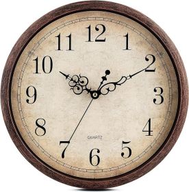 Vintage Brown Wall Clock Silent Non Ticking 12 Inch Quality Quartz Battery Operated Round Decorative Easy to Read for Home Kitchen Living/Dining Room
