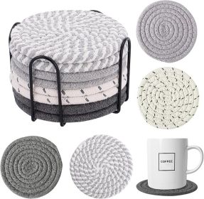 Handmade Woven Drink Coasters with Holder, 8 Pcs BOHO Absorbent Coasters for Home Decor, Cotton