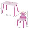 Qaba Kids Wood Table and Chair, 3-Piece Set with Crown Pattern, Charming Desk for Toddlers 3-8 Years, Princess-Themed Room, Pink