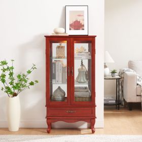 Lighted Glass Display Cabinet Glass Wine Cabinet Curio Display Cabinet with Adjustable Glass Shelves Two Doors and One Drawer Bulb Included for Home D (Color: as Pic)